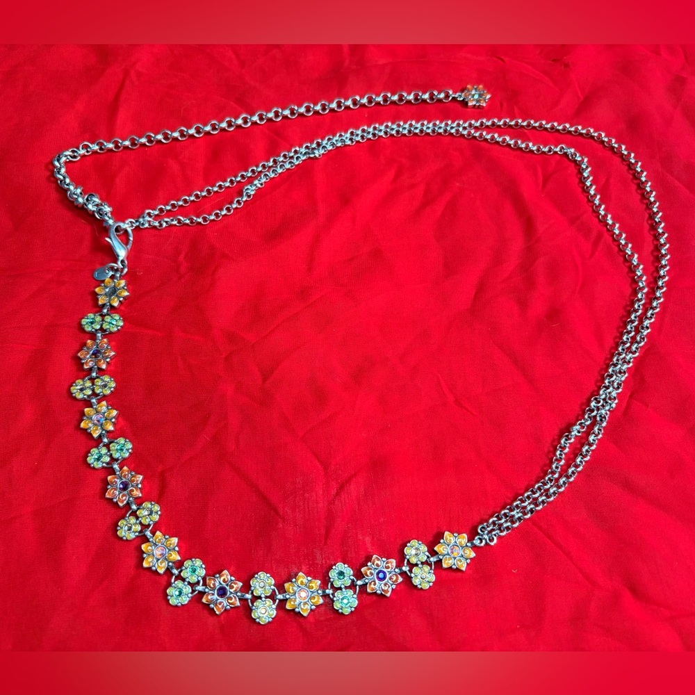 Vintage silver tone floral metal and enamel chain statement belt